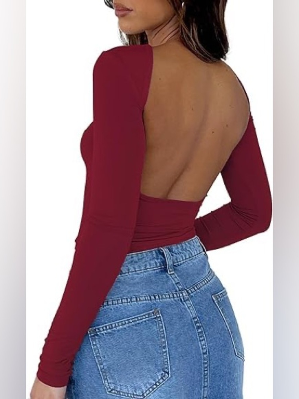 ForeFair Long Sleeve Backless Top Slim Fit Crewneck Cut Out Casual Y2K Tshirt